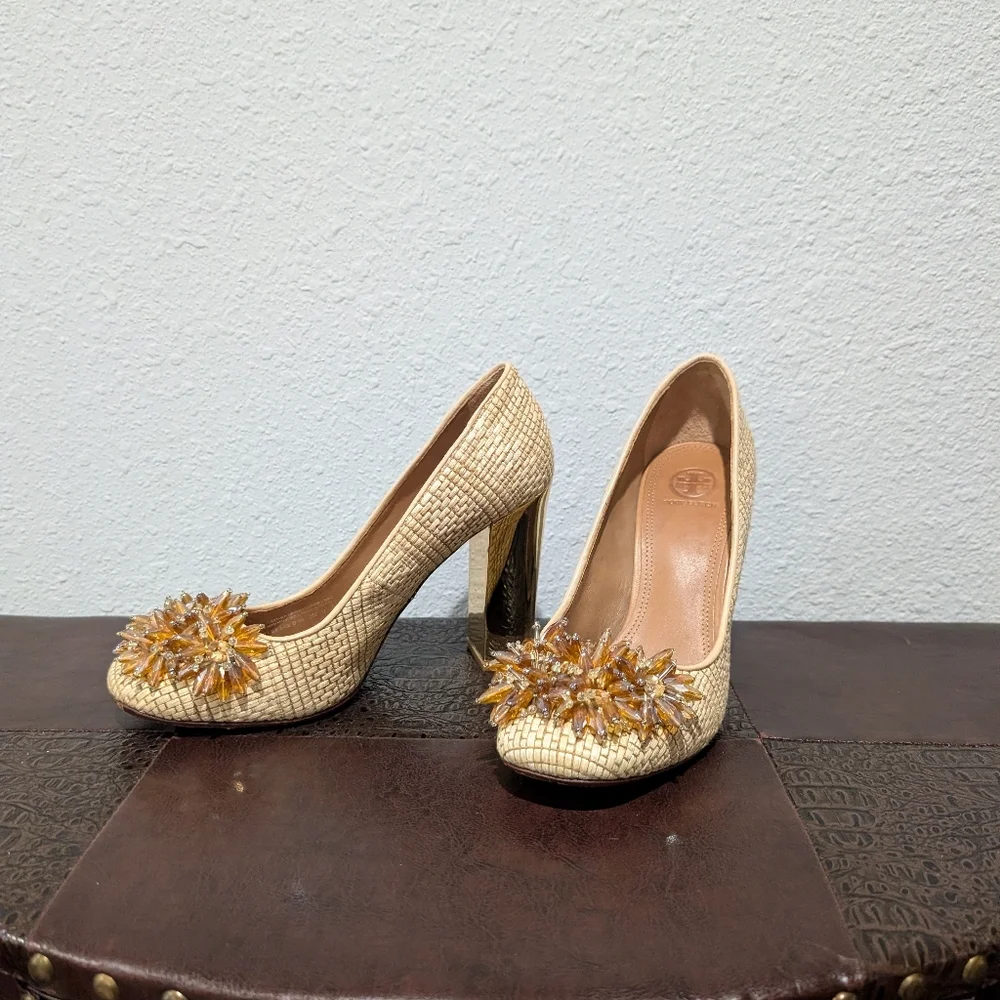 Tory Burch Metallic Kendra Raffia Pump Heels size 9.5